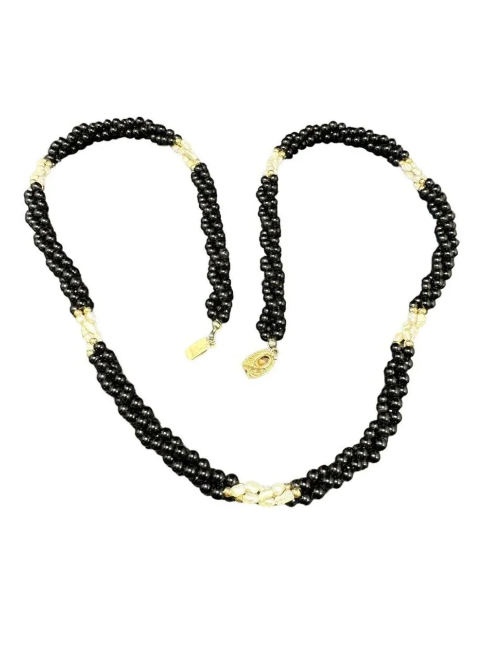 Vintage Necklace Gold Filled Freshwater Pearl And Black Onyx Three Strand Beads